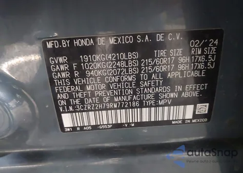 2024 Honda Hr-V Awd Ex-L/Awd Ex-L W/O Bsi from USA, damaged, VIN 3CZRZ2H79RM772186